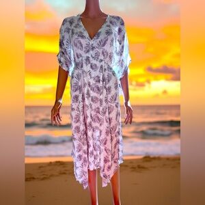 Millibon V-Neck Button Summer Tea Dress White Brown Small